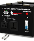 Heavy Duty 5000 Watt Voltage Converter Transformer For Step Up And Down 110V And 120V To 220V And 240V With Circuit Breaker Protection And USB 5V Port So You Can Power Up Your Gear CE Certified 3 Year Warranty, front view with outlets and switches visible.
