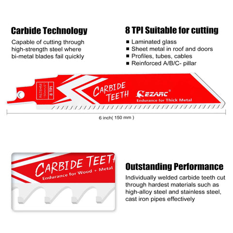 EZARC 6-inch carbide reciprocating saw blade, 8 TPI for thick metal; red packaging with Carbide Teeth branding