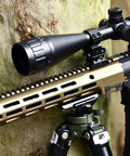 Rifle with Arca Dovetail Rail For M-LOK System Quick Release Tripod Mount Adapter Built For Arca-Swiss And RRS Standards attached