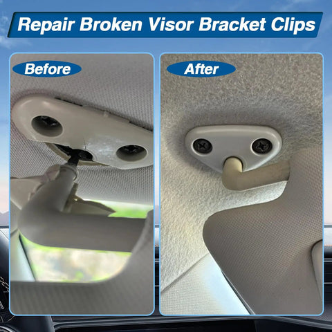Before and after installation of Sun Visor Mount Clip For Subaru Forester Impreza Crosstrek Gray LH And RH Side Visor Clips Sun Visor Repair Bracket Durable POM Plastic No Tool Replacement Easy Install showing a secure attachment to the roof liner.