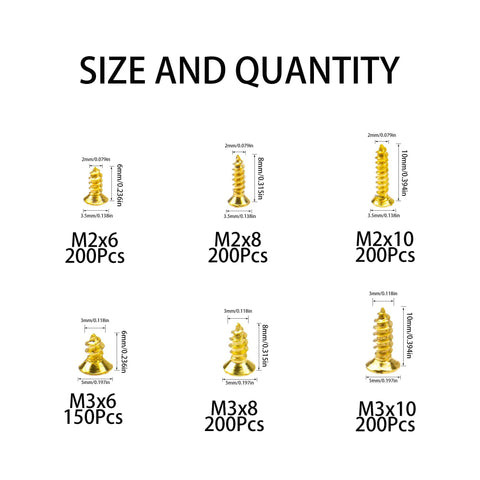 Gold Plated M2 And M3 Tiny Screws Kit Pro Grade 1150Pcs Self Tapping Phillips Flat Head Screws Carbon Steel 6 Sizes From M2x6 To M3x10 Anti Corrosion For Cabinet Electronics And Micro Woodworking DIY Ready - size and quantity chart showing each screw size and quantity in the kit, ranging from M2x6 to M3x10.