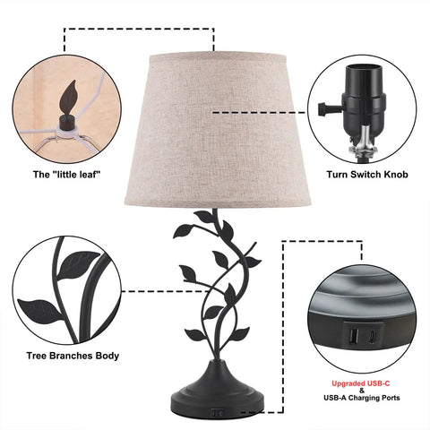 Vintage Tree Branch Base Table Lamp with beige shade, USB A/C ports, tree branches design, and turn switch knob details.