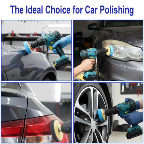Boss Grade 137Pc 2 Inch Sanding Discs Kit being used for car polishing with a drill adapter and hook and loop backing pads.