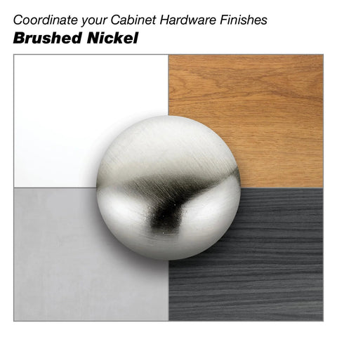 Brushed Nickel finish sample for cabinet hardware coordination with wood and tile backgrounds.