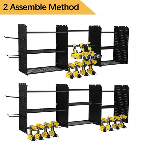 Two assembly methods of Heavy Duty Power Tool Organizer With Built In Charging Station And 200 Pound Load Capacity Three Tier Wall Rack Eight Drill Holders Two Side Pegboards And Extra Hooks For A Super Handy Garage Or Workshop.
