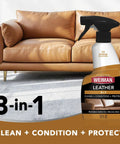 Leather Cleaner And Conditioner That Deep Cleans, Brings Back Soft Supple Leather And Guards Against Cracking And Fading With UV Protection bottle in front of a tan leather sofa