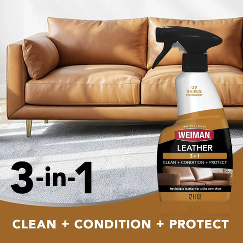 Leather Cleaner And Conditioner That Deep Cleans, Brings Back Soft Supple Leather And Guards Against Cracking And Fading With UV Protection bottle in front of a tan leather sofa