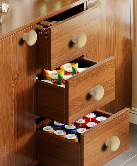 Real Deal Unfinished Beech Wood Cabinet Knobs Big Boy Sized Round Drawer Pulls Pack Of Four With Heavy Duty Screws Top Shelf Hardware For Any Home Reno on a wooden cabinet.
