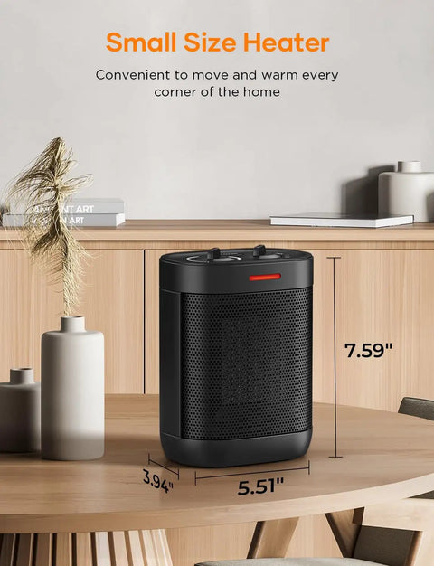 1000W Ceramic Space Heater With Thermostat No Fuss Mini Portable Electric Heater on wooden desk in home setting