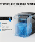 Zero Drama Rapid Freeze Bullet Ice Maker With Six Minute Quick Chill Cycle shows self-cleaning function panel in clear design.