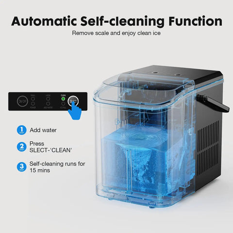 Zero Drama Rapid Freeze Bullet Ice Maker With Six Minute Quick Chill Cycle shows self-cleaning function panel in clear design.