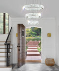 Modern Gold Finish Three Ring LED Crystal Chandelier Pendant Light For Living Room Dining Room Bedroom Foyer With Adjustable Height And 50W Power 85 265 Volt Cool White in elegant foyer setting