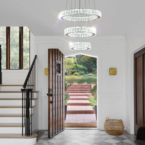 Modern Gold Finish Three Ring LED Crystal Chandelier Pendant Light For Living Room Dining Room Bedroom Foyer With Adjustable Height And 50W Power 85 265 Volt Cool White in elegant foyer setting