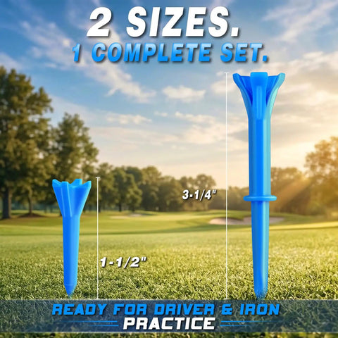 150 Pack Golf Tees Mixed Sizes Three And A Quarter Inch And One And A Half Inch Five Prong Head Plastic Tees Blue on grass