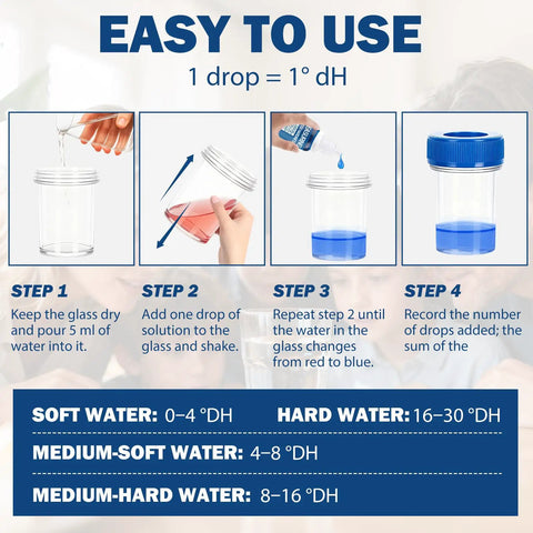 Hard Water Test Kit 10ml Quick Home Water Quality Check With Testing Solution Measuring Cup And Tube Stopper Fast Accurate Hardness Testing For On The Go Water Quality, step guide