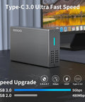 Rock Solid 2.5 Inch Dual Bay Hard Drive Enclosure USB 3.0 SATA HDD and SSD RAID Box with UASP Chipset on a desk.