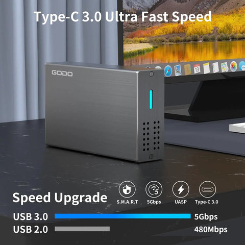 Rock Solid 2.5 Inch Dual Bay Hard Drive Enclosure USB 3.0 SATA HDD and SSD RAID Box with UASP Chipset on a desk.