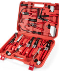 Red open case containing 16-piece hose clamp plier set with long-reach tools for automotive hoses