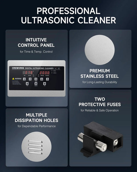 No Sweat Digital Ultrasonic Cleaner With Ample 3L Tank And Degas Plus Gentle Modes control panel with stainless steel design.