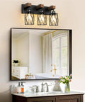 Farmhouse Wood And Black Metal Vanity Light With 3 Lights Over Mirror For A Dope Industrial Cage Shade Look Rustic Restroom Glow And Bathroom Decor E26 Base installed over mirror
