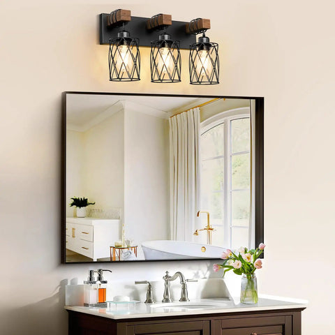 Farmhouse Wood And Black Metal Vanity Light With 3 Lights Over Mirror For A Dope Industrial Cage Shade Look Rustic Restroom Glow And Bathroom Decor E26 Base installed over mirror