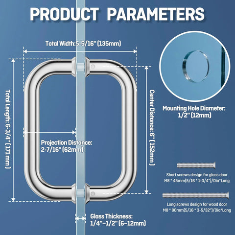 Diagram showing dimensions of Polished Chrome 6-Inch Tubular Back-To-Back Shower Door Handle for Glass and Wood or Metal Doors