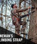 Tree Stand Linemans Climbing Strap Safety Accessory For Hunting in use by hunter climbing tree with ladder