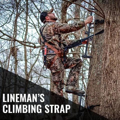 Tree Stand Linemans Climbing Strap Safety Accessory For Hunting in use by hunter climbing tree with ladder