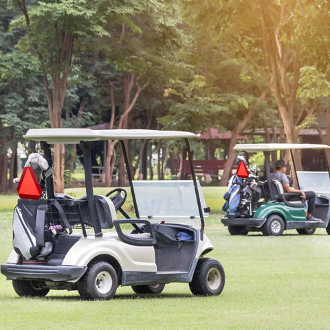 Golf carts with 14x16 Inch Aluminum Slow Moving Vehicle Sign With Mounting Bracket Reflective Triangle SMV Warning in park