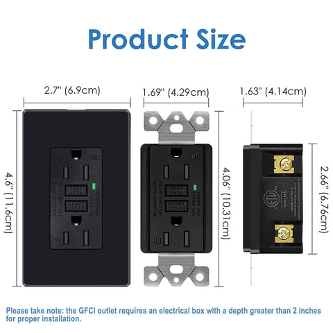 Black GFCI Outlet 15 Amp 2 Pack Weather Resistant with LED Indicator ETL Listed, size dimensions shown in inches.