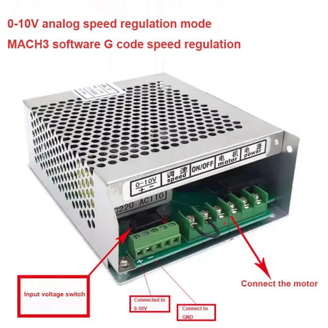 Heavy Duty Air Cooled 800W Cnc Spindle Motor Dc 110V 20000Rpm Er16 Chuck Power Supply Speed Governor Kit with voltage connections.