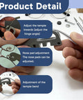 Hands using Glasses Tightening Kit With 2 Pcs And 20 Ultra Soft Nose Pads, 2 Temple Tools for frame curvature and temple arms adjustment.