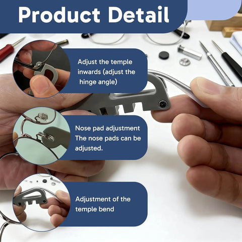 Hands using Glasses Tightening Kit With 2 Pcs And 20 Ultra Soft Nose Pads, 2 Temple Tools for frame curvature and temple arms adjustment.