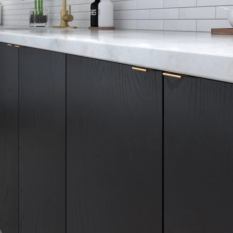 1-Inch Center-To-Center Satin Gold Modern Cabinet And Drawer Edge Pull Handle For Kitchen on black cabinet