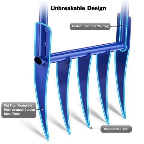 Detailed view of the Heavy Duty Broadfork 56 Inch Garden Tool With Unbreakable Build And Five 11 Inch Cambered Tines.
