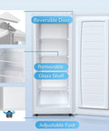 Inside view of Compact Upright Freezer With 6 Cubic Feet Capacity And Seven Temperature Settings showing removable glass shelves, adjustable foot, and reversible door.