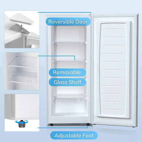 Inside view of Compact Upright Freezer With 6 Cubic Feet Capacity And Seven Temperature Settings showing removable glass shelves, adjustable foot, and reversible door.