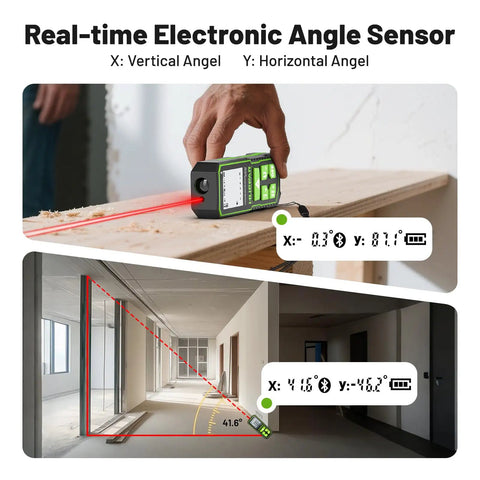330 Ft Bluetooth Laser Distance Meter With App, Pro Grade One Sixteenth Inch Accuracy, Rechargeable, Angle Sensor, Multiple Modes, IP54, For Home And Construction Projects, The Ultimate DIY Boss Dad Gift on wood and hallway