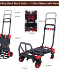 Heavy Duty 2-In-1 Folding Hand Truck And Utility Dolly Cart With 5-Inch Dual Rubber Wheels, showing retractable handle and dimensions.