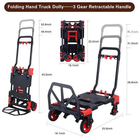 Heavy Duty 2-In-1 Folding Hand Truck And Utility Dolly Cart With 5-Inch Dual Rubber Wheels, showing retractable handle and dimensions.