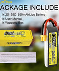 R-Line 550mAh 7.4V 95C 2S LiPo Battery Pack With XT30 Plug, box, manual, and wrapped box for FPV racing quadcopters