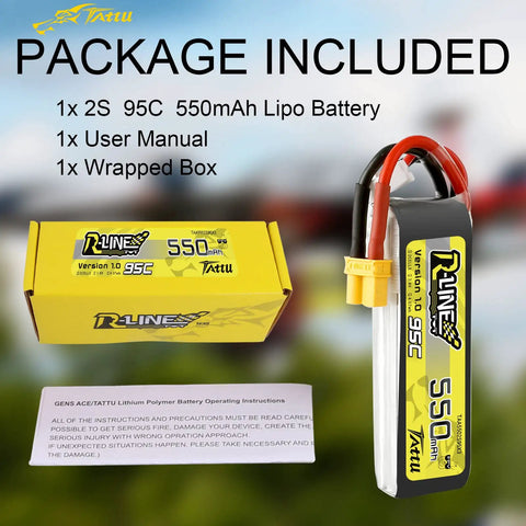 R-Line 550mAh 7.4V 95C 2S LiPo Battery Pack With XT30 Plug, box, manual, and wrapped box for FPV racing quadcopters