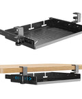 Sliding Under Desk Laptop Mount No Drill Setup With Slick Metal Storage Shelf, matte black metal, adjustable clamp for under desk use.