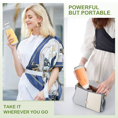 Woman holding Portable Personal Blender For Shakes And Smoothies On The Go, 300W Motor, 20Oz Cup, USB Rechargeable, fits in handbag.