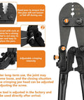 Crimping tool included in One Eighth Inch Stainless Steel Cable Kit With 150 Ft Wire Rope, Crimping Tool And Cutter, Turnbuckle Tensioners, Thimbles And Eye Bolts, 7x7 Aircraft Cable For Deck Railing, String Lights, Curtains And DIY Projects, with size adjustments and fixing features.