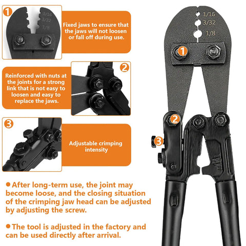Crimping tool included in One Eighth Inch Stainless Steel Cable Kit With 150 Ft Wire Rope, Crimping Tool And Cutter, Turnbuckle Tensioners, Thimbles And Eye Bolts, 7x7 Aircraft Cable For Deck Railing, String Lights, Curtains And DIY Projects, with size adjustments and fixing features.