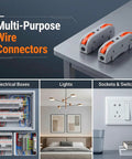 Huge 50 Piece Pack Of Lever Wire Connectors With Push In Tech For Super Easy Tool Free Hook Ups And Fast One to Inline Splicing On Wires From 28 To 12 Awg That Are Totally Reusable Durable Orange And Gray Colors Galore. Orange-gray lever wire connectors on a table, shown for electrical boxes, lights, sockets, and switches.