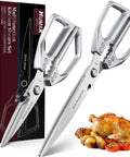 Beefy Heavy Duty Kitchen Shears Two Pack With 7 Inch Extended Blade For Poultry Thick Cardboard And More Durable Japanese Steel Scissors For Serious Kitchen Pros. Two silver kitchen shears with gift box and roast chicken
