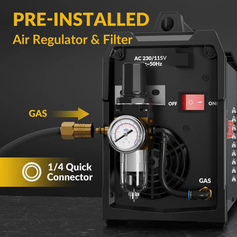 Beefy 50 Amp Dual Voltage Plasma Cutter With Air Inverter, 110 Volt And 220 Volt, rear view showing air regulator and filter system