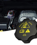 Premium Coolant Reservoir Replacement Cap shown on engine, black ABS material, designed for Chrysler Jeep Dodge Ram vans 2013-2021.
